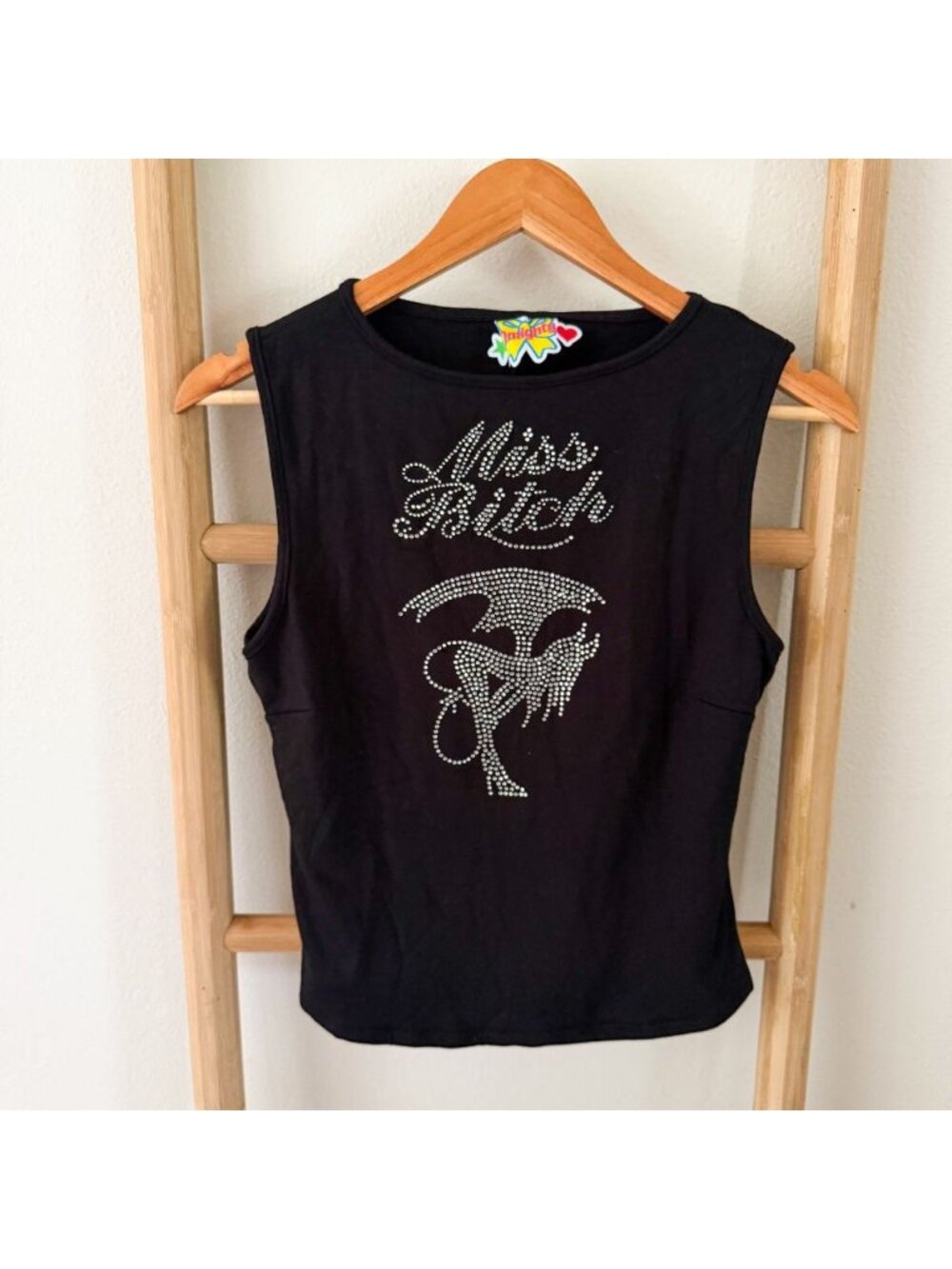 NWT OMIGHTY Miss Rhinestone Graphic Tank Top Black Stretch Size XL
